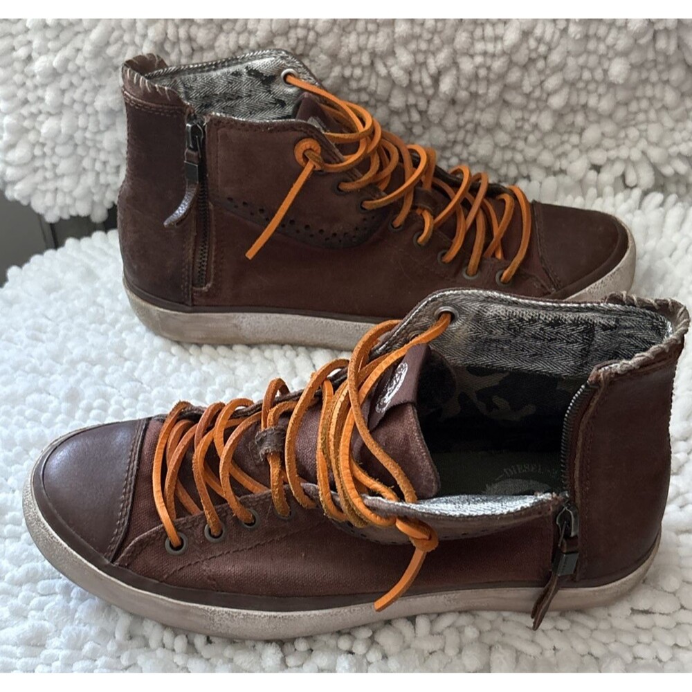 Diesel High-Top Sneakers Size 9 D-Zippy Brown Leather Shoes